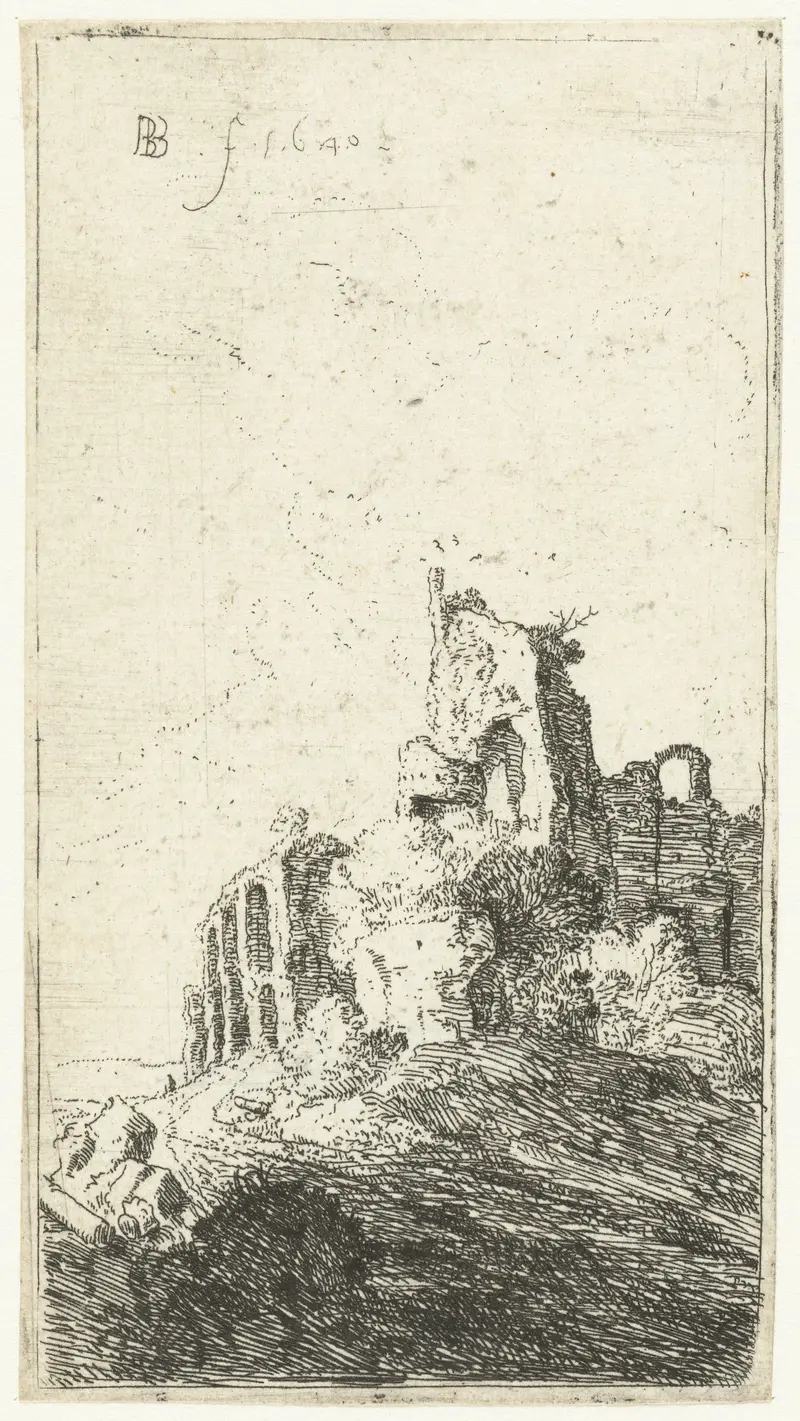Ruïnes van keizerlijk paleis te Rome, etching by Bartholomeus Breenbergh depicting ancient arches and ruins.