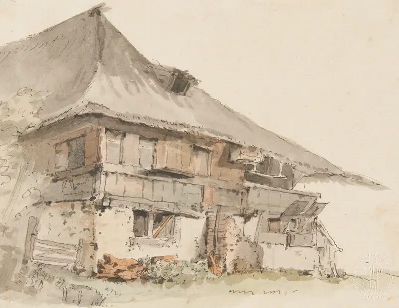 Landscape featuring a farmhouse in rolling hills by Johann Ludwig Aberli, oil painting