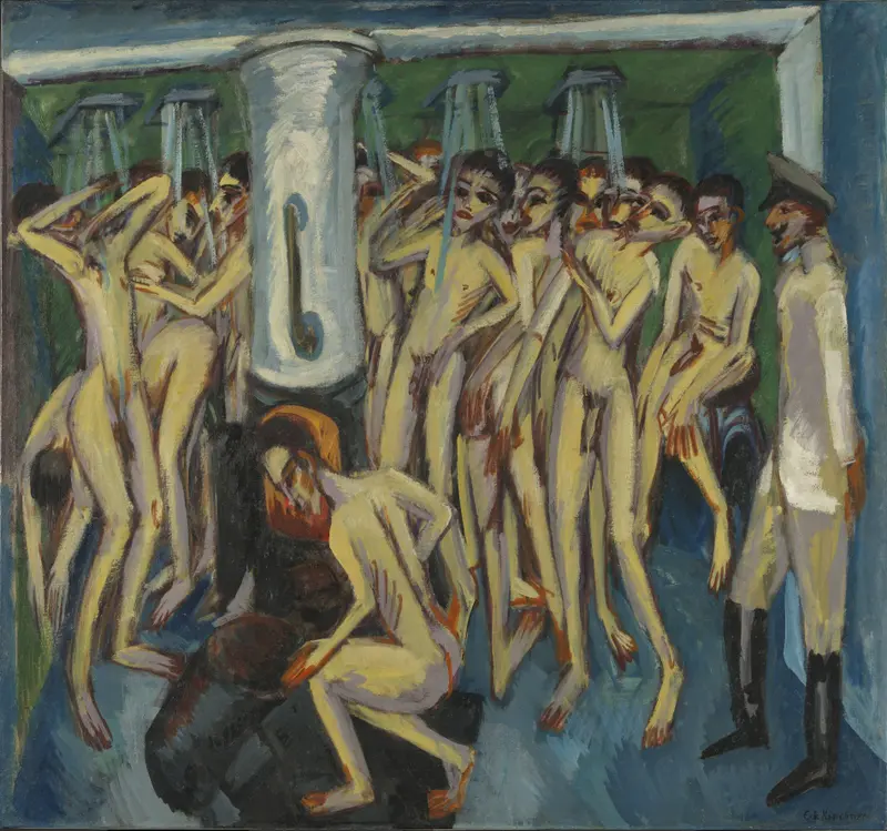 A chaotic scene of naked figures in a communal shower, with a uniformed man standing apart, evoking intimacy and unease.
