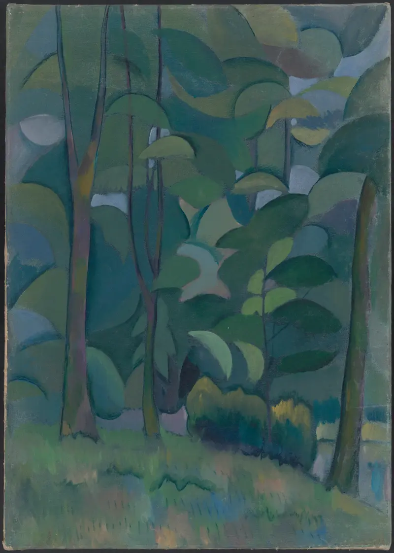 Forest by Vladimir Baranov-Rossiné, oil painting depicting vibrant foliage and light.