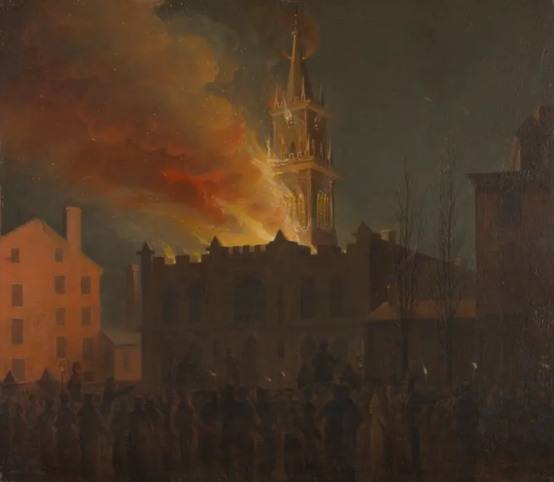 Historical scene of the Masonic Hall engulfed in flames, oil on canvas by Samuel Jones