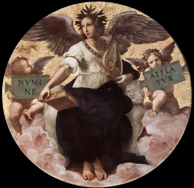 A serene female figure personifying Poetry, crowned with laurel and surrounded by putti, holding a book and a lyre.