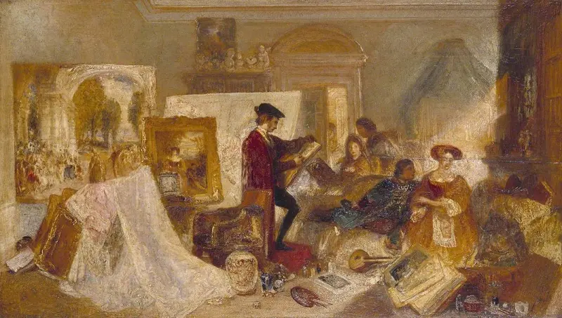 A reimagined scene of figures in a garden, reflecting Turner's fascination with painting mechanics.