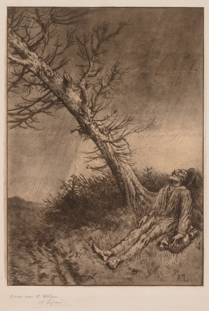 Figurative scene depicting a lifeless figure in tattered cloth by Alphonse Legros, realism