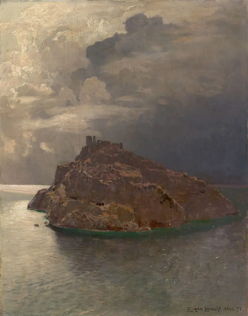 Isola di Bergeggi by Eugen Bracht, oil painting depicting a tranquil island landscape.