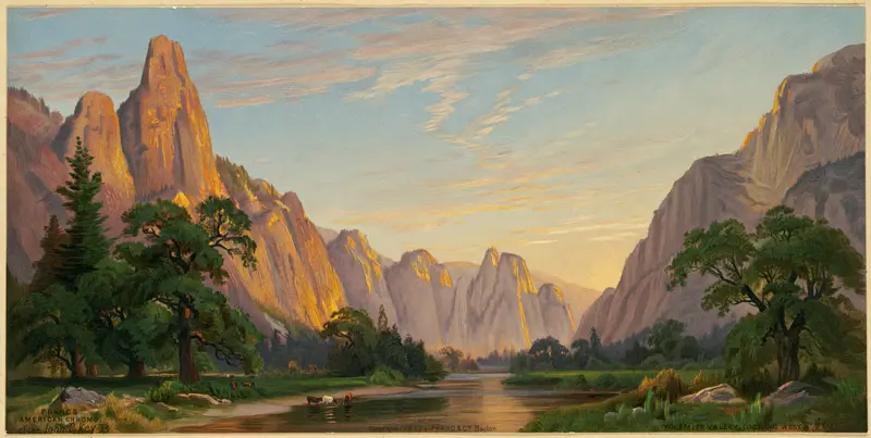 Yosemite Valley, Looking West by John Ross Key, oil painting depicting cliffs and sky.