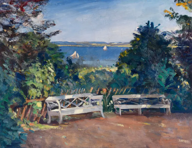 Garten in Travemünde by Ulrich Hübner, impressionism, depicting a lush garden with vibrant greens and sunlight.