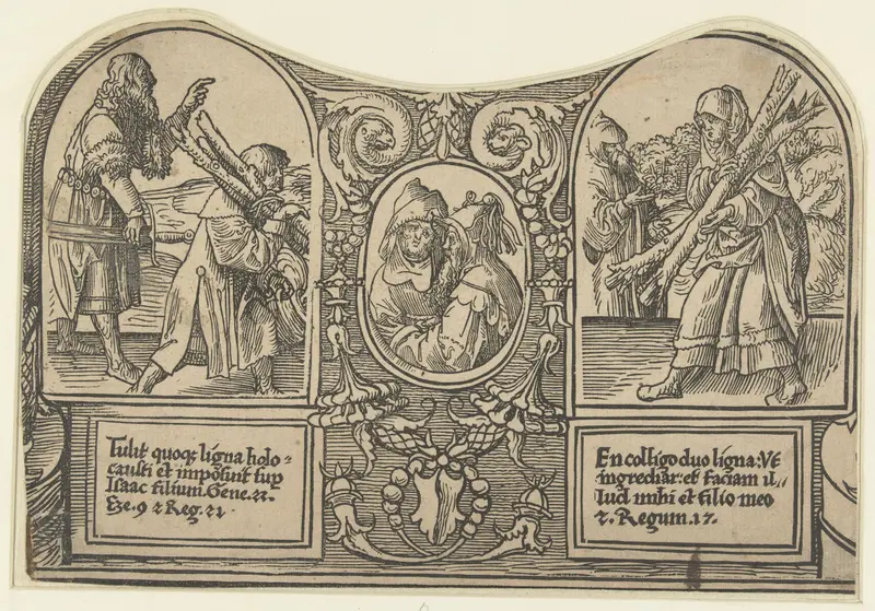 Religious scene with Abraham, Isaac, and the widow of Zarephath, paper by Jacob Cornelisz van Oostsanen
