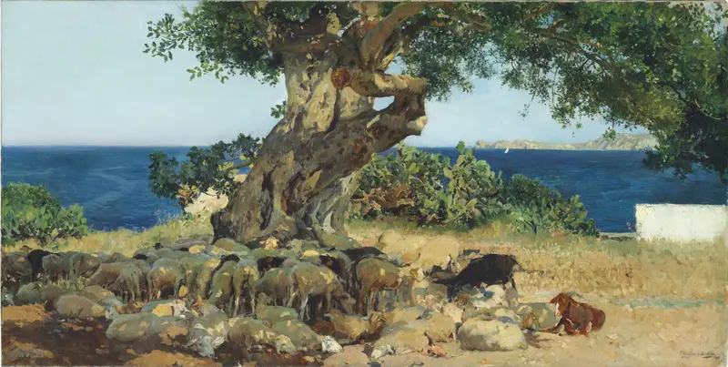 A large carob tree shades a flock of sheep and two resting dogs near a rocky shore with blue sea and distant coastline in the background.