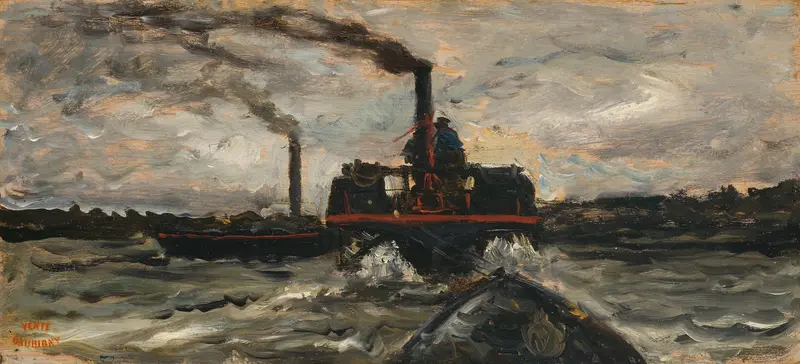 River Boat by Charles François Daubigny, oil on board depicting a boat on a river