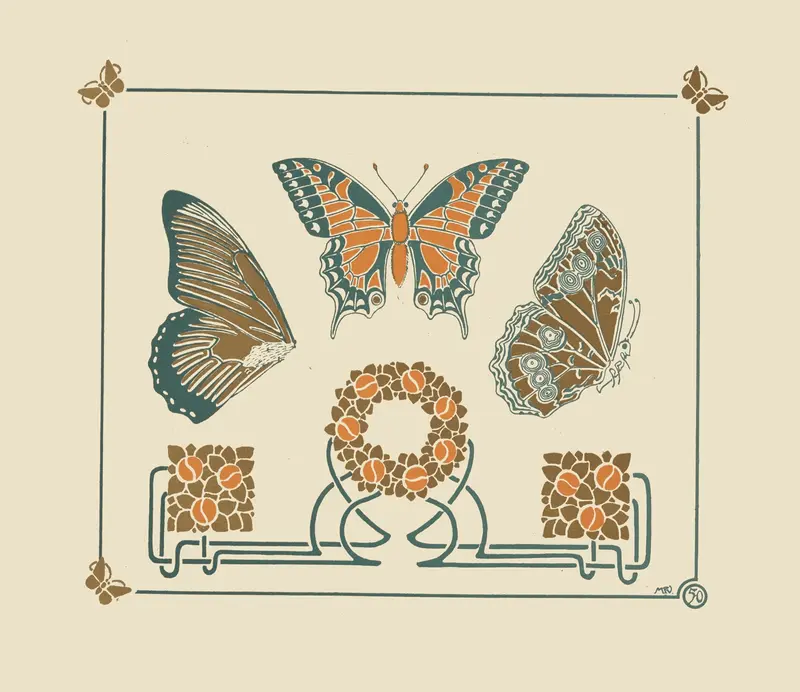 Abstract design featuring butterflies and leaves, created by Maurice Pillard Verneuil