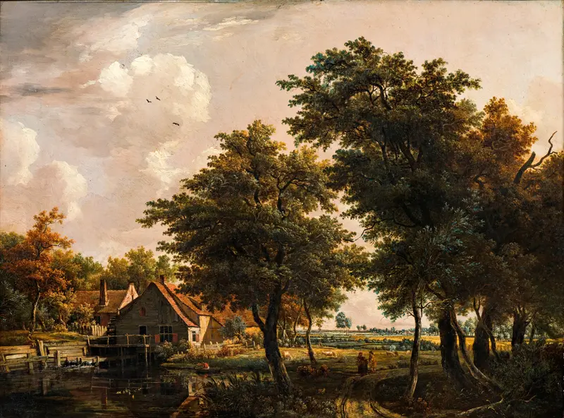 Landscape with watermill by Egbert van Drielst, oil painting depicting a serene river scene.