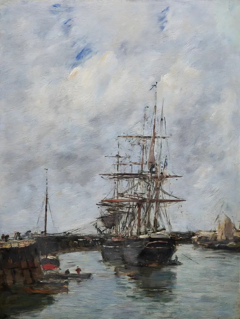 Oil on canvas by Eugène Boudin depicting waves and clouds over a jetty