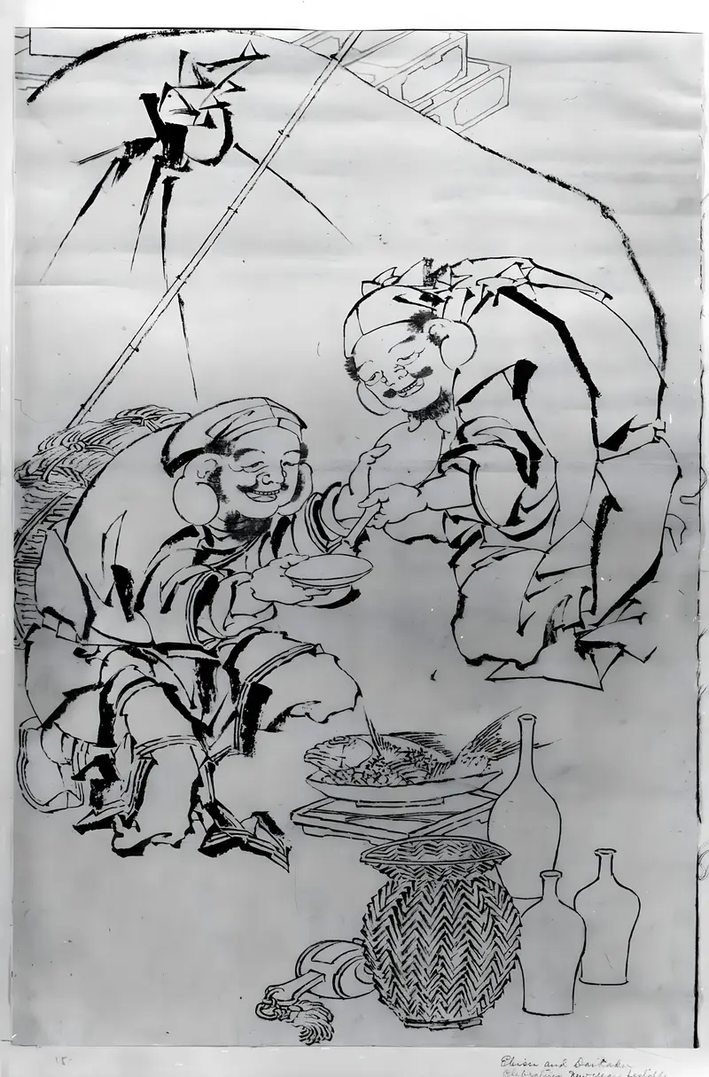 Ebisu and Daikoku celebrate the New Year Festival, radiating joy and prosperity.