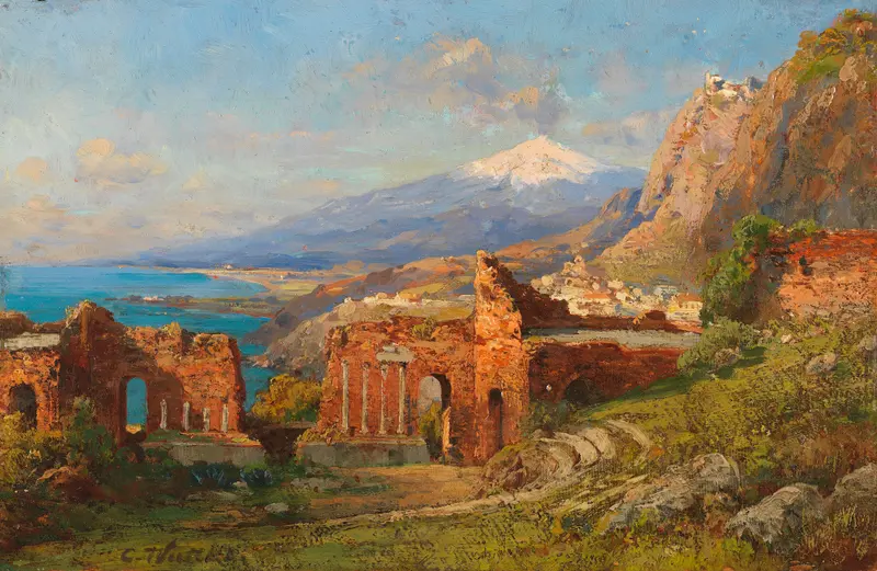 Landscape view featuring ancient theater and Mount Etna by Carl Wuttke, oil painting