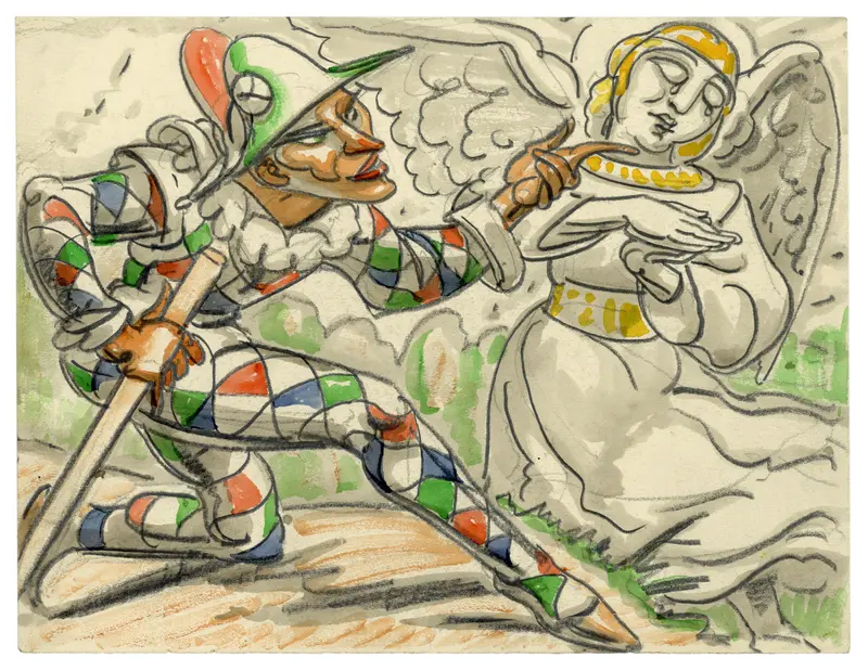 A colorful depiction of a harlequin with an angel.
