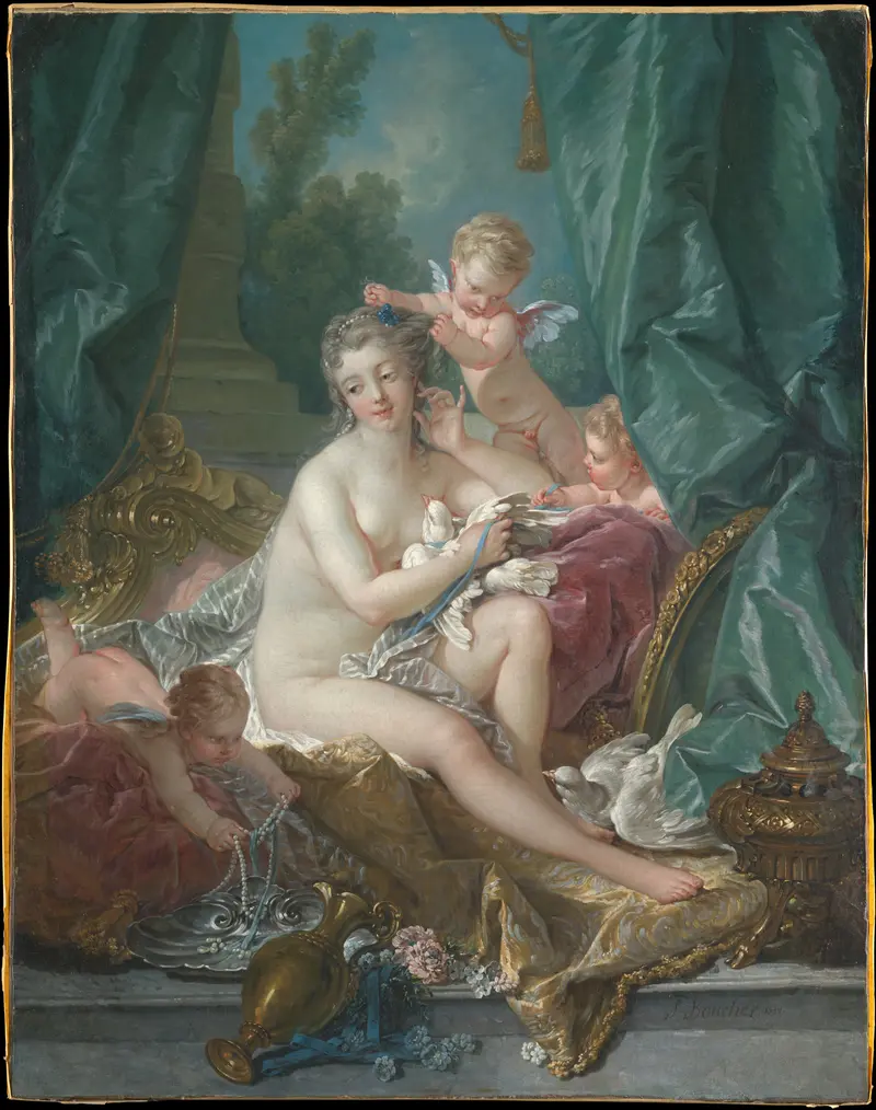 A reclining Venus attended by putti, surrounded by doves, pearls, flowers, and drapery against a green curtain and blue sky backdrop.