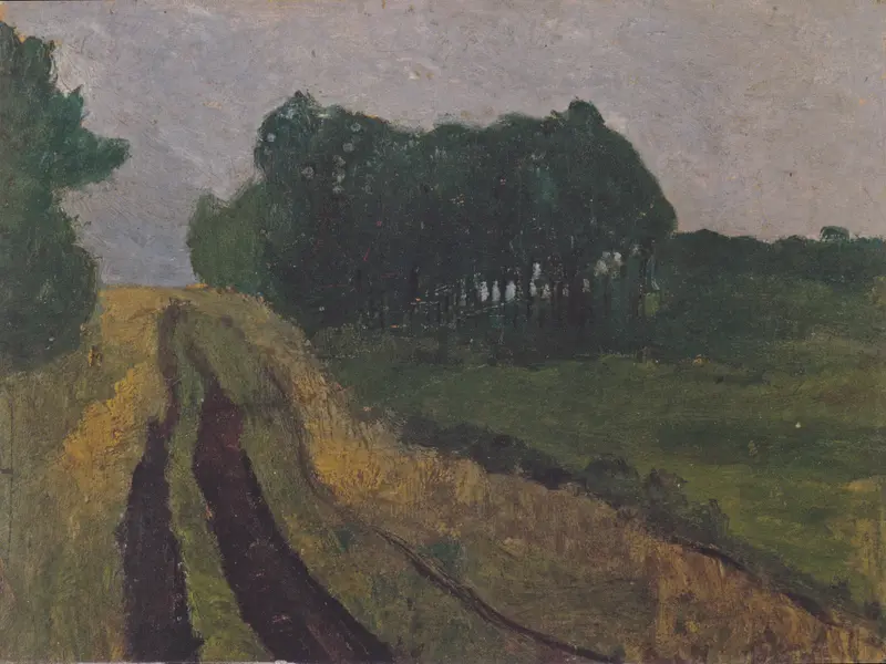 Evening landscape by Paula Modersohn-Becker, oil painting, depicting twilight over rolling hills.