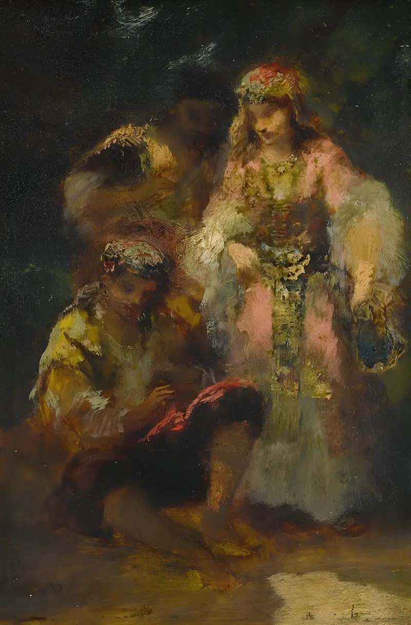 A captivating scene of gypsies in a forest setting.