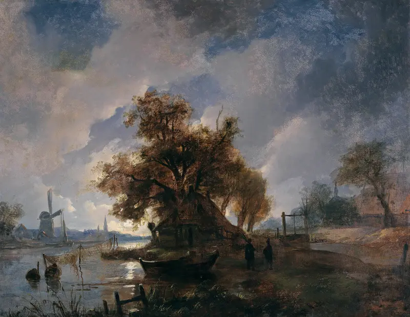 Holländische Flusslandschaft by Remigius Adrianus van Haanen, oil painting depicting a tranquil river landscape.