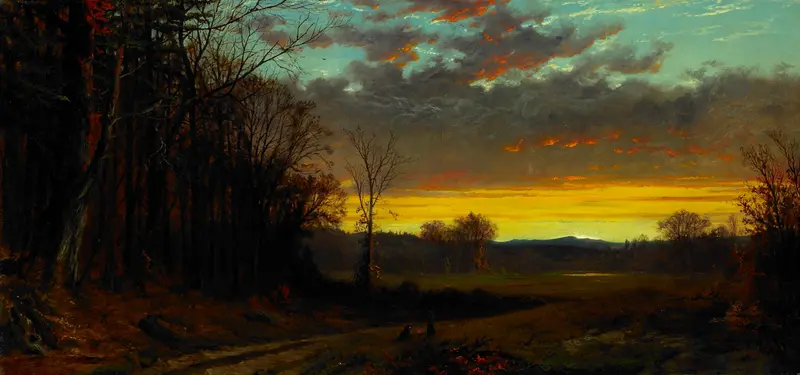 Twilight in the Wilderness, oil painting by Alfred Thompson Bricher, depicting a sunset over mountains and a tranquil lake.