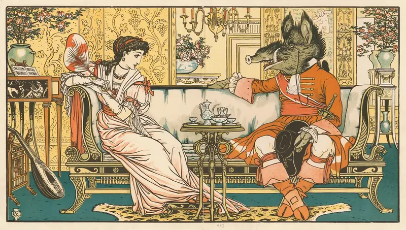 Walter Crane's 'Beauty and the Beast Pl. 03' illustrates a whimsical scene from the classic tale.