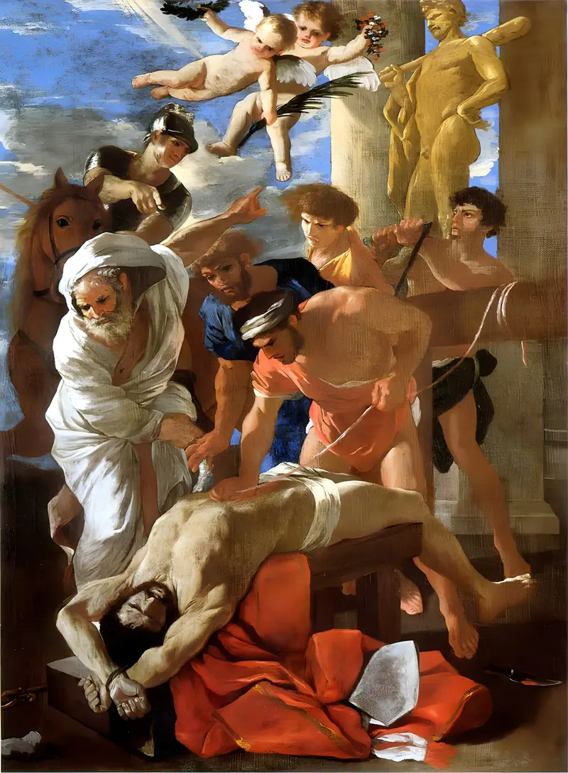 The Martyrdom of Saint Erasmus by Nicolas Poussin depicts the execution of Saint Erasmus.