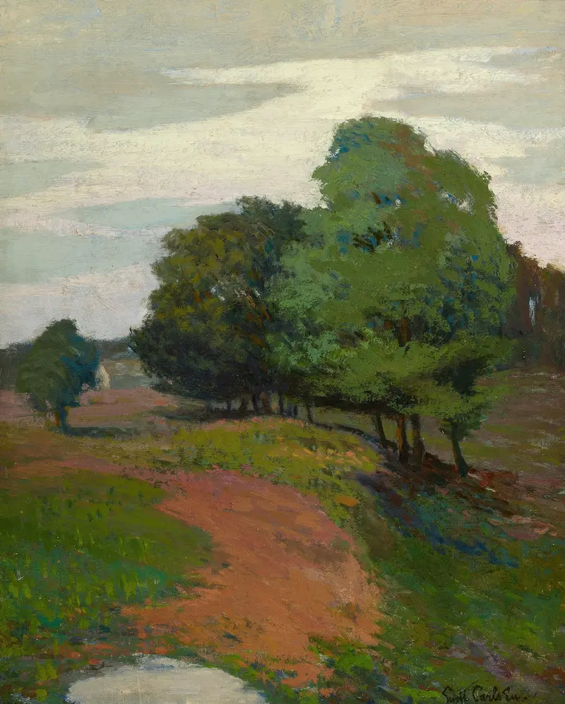 Landscape by Emil Carlsen, oil on canvas depicting tranquil hills and mountains