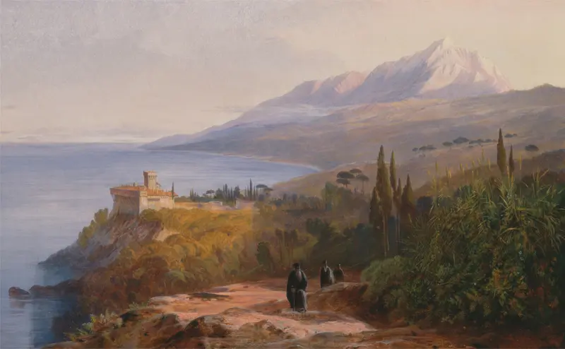 Watercolour by Edward Lear depicting Mount Athos and the Monastery of Stavronikétes