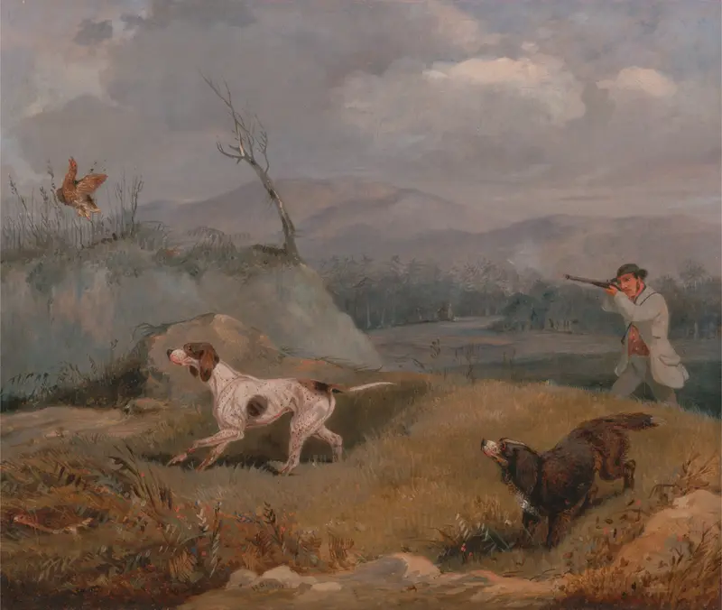 Grouse Shooting by Henry Thomas Alken, oil painting depicting hunters in a natural landscape.