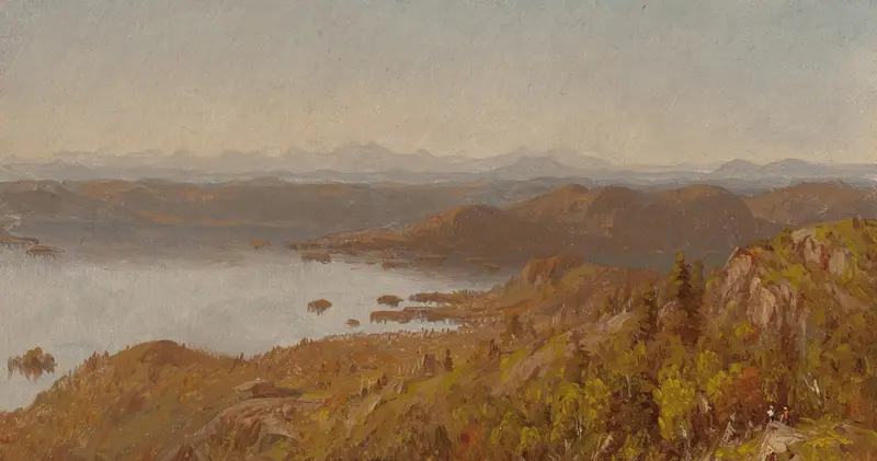 Lake George landscape with mountains and clouds, oil painting by Sanford Robinson Gifford