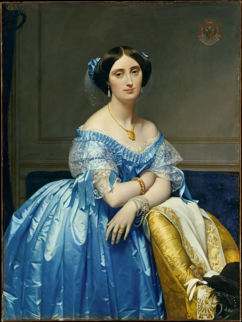 A woman in a luminous blue satin dress with white lace sits on a blue upholstered settee, her left arm resting on a yellow brocade armchair draped with a white shawl.