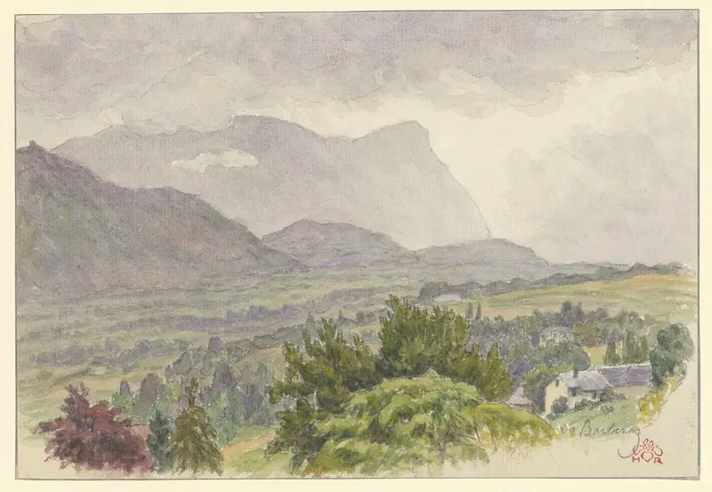 Landscape lithograph by Henri Rivière depicting tranquil figures and celestial hues.