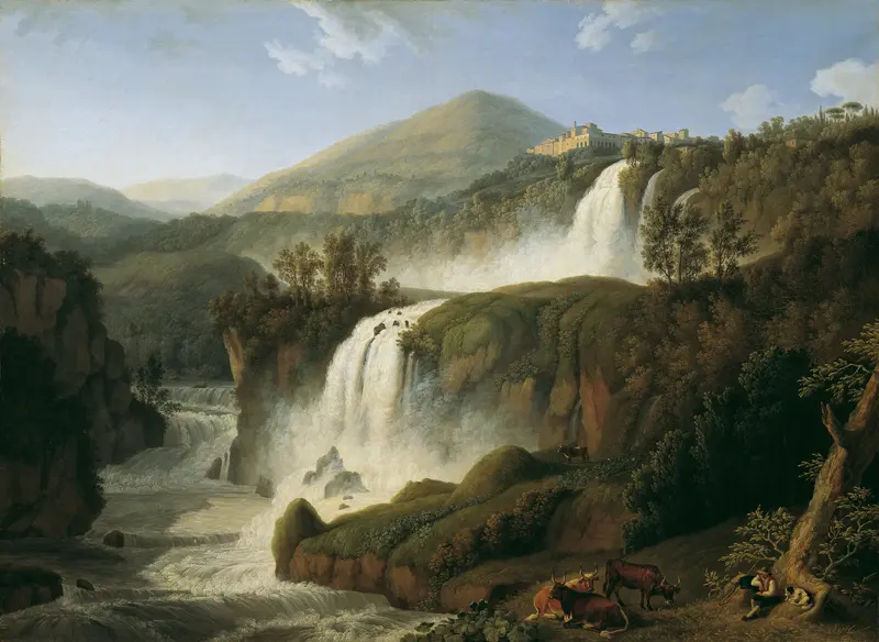 Cascading waterfall over rocks in an oil painting by Jacob Philipp Hackert