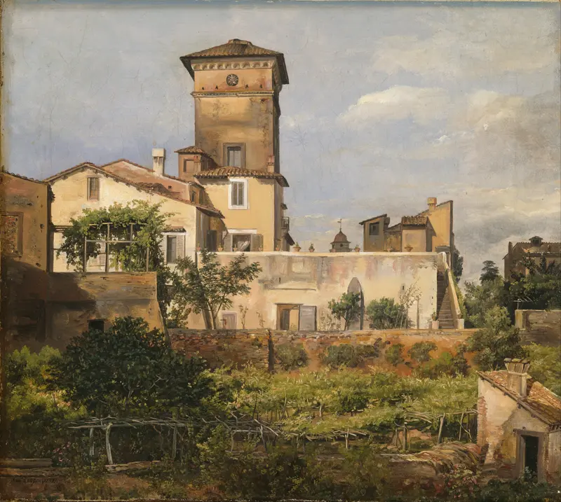 The Villa Malta, Rome by Johan Christian Dahl, oil painting depicting a villa surrounded by lush hills.