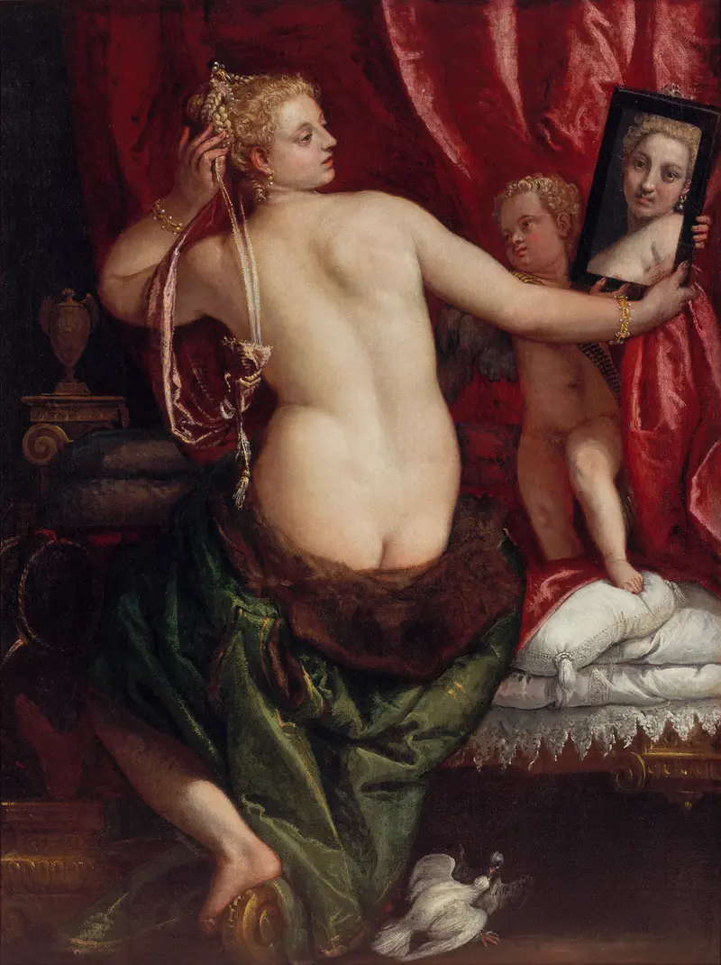 Venus at Her Toilette by Paolo Veronese depicts the goddess Venus preparing, attended by nymphs and cupids.