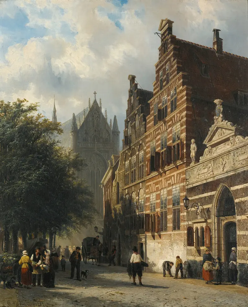 The Kerkgracht In Leiden, oil painting by Cornelis Springer depicting a church facade and canal.