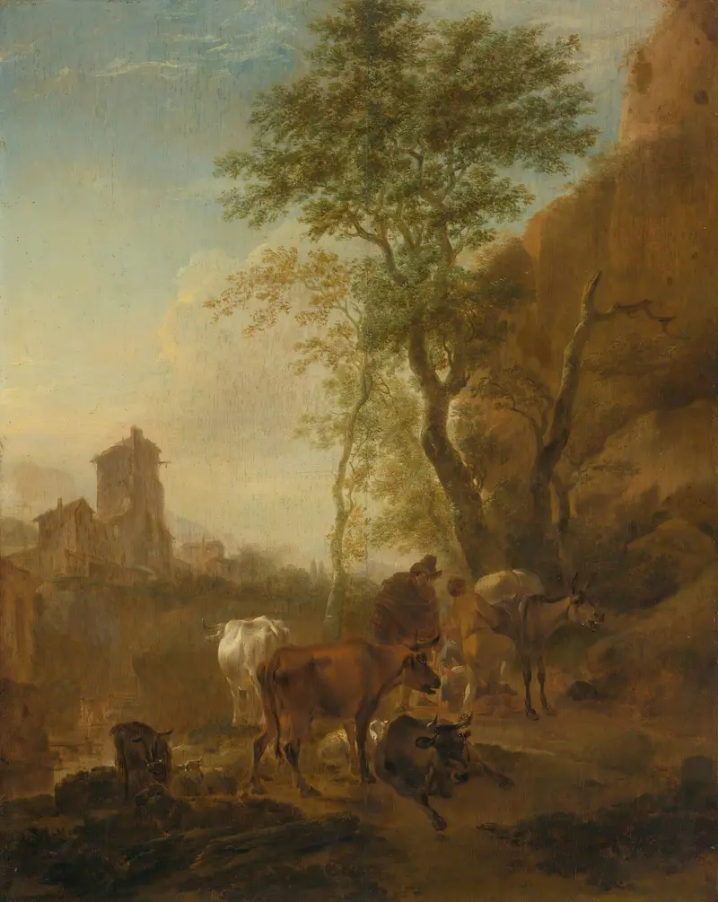 Italianate landscape with cows grazing, oil painting by Nicolaes Pietersz Berchem