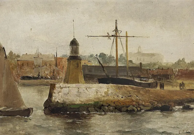 Malmø Havn, gråvejr by Carl Frederik Sørensen, oil on canvas depicting a harbor with gray skies and gentle waves.