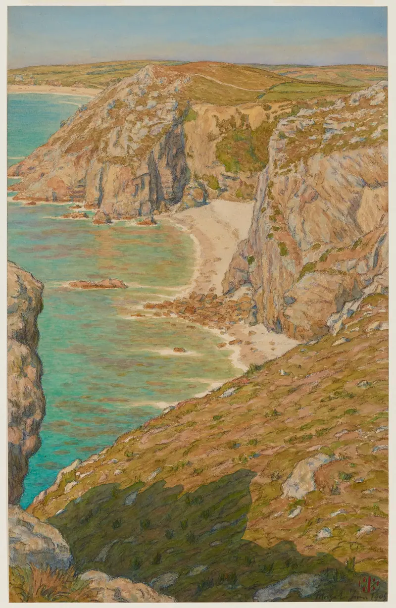 Falaises de Port Haor by Henri Rivière, depicting cliffs and ocean waves, oil painting