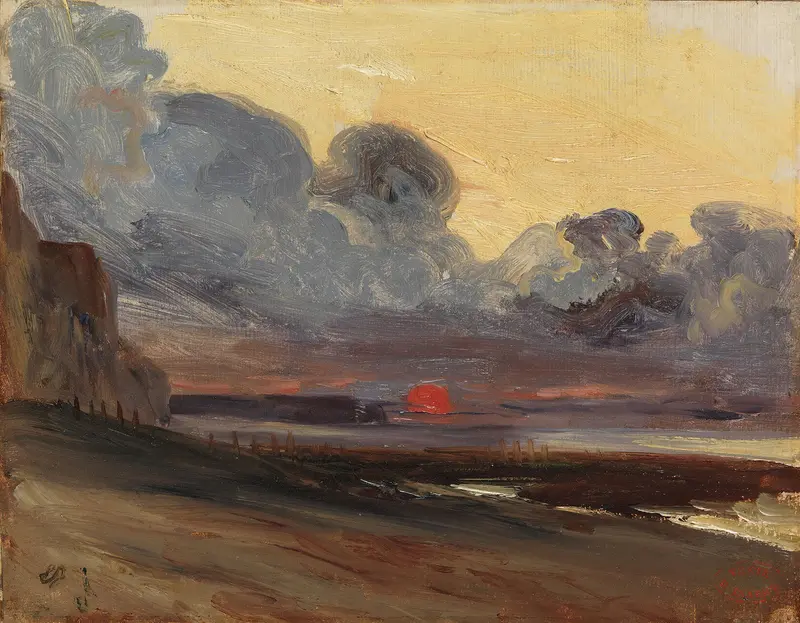 Sunset on the Normandy Coast, oil on canvas by Eugène Isabey, featuring a vibrant sunset over the ocean.