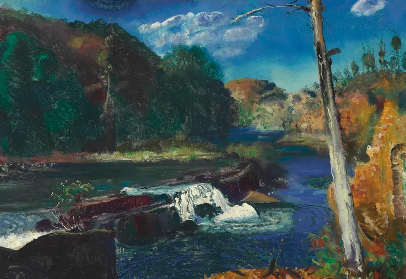 Mill Dam oil painting by George Wesley Bellows depicting deep blue water and a solitary landscape.