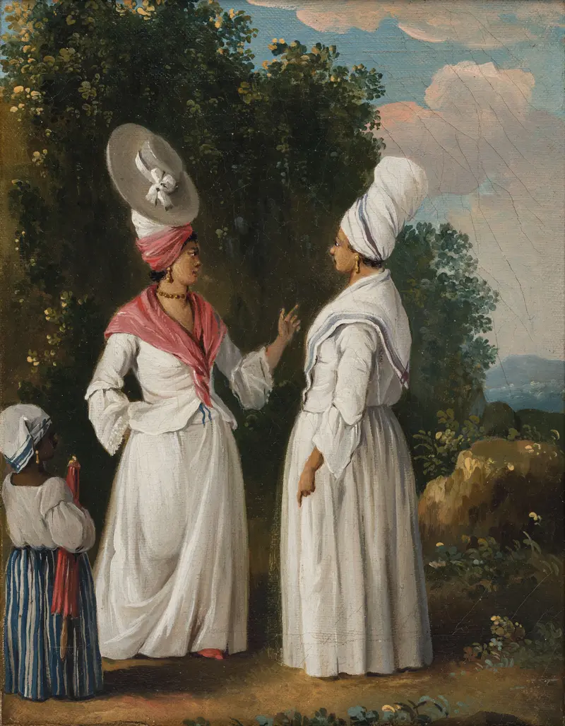 Oil painting by Agostino Brunias depicting women in traditional dress, Dominica.