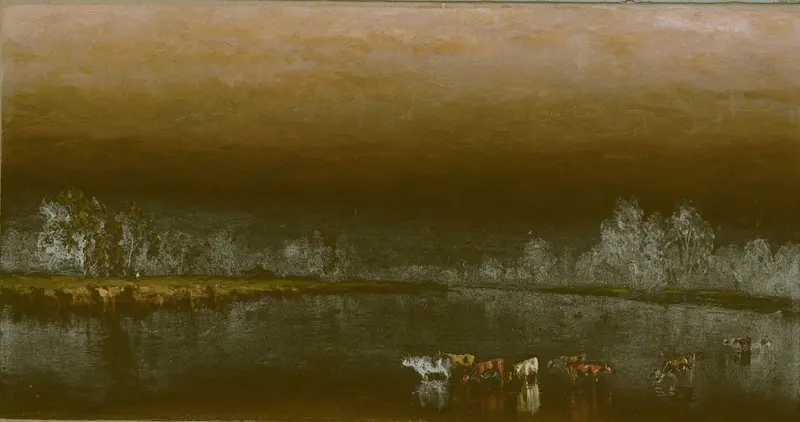 Cows in a pond at sunset, oil painting by Sanford Robinson Gifford