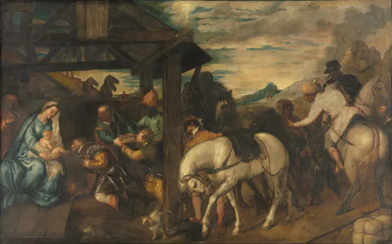 Mary in a blue robe cradles the Christ Child in a wooden stable as the Magi present gifts, surrounded by horses, attendants, and Saint Joseph.
