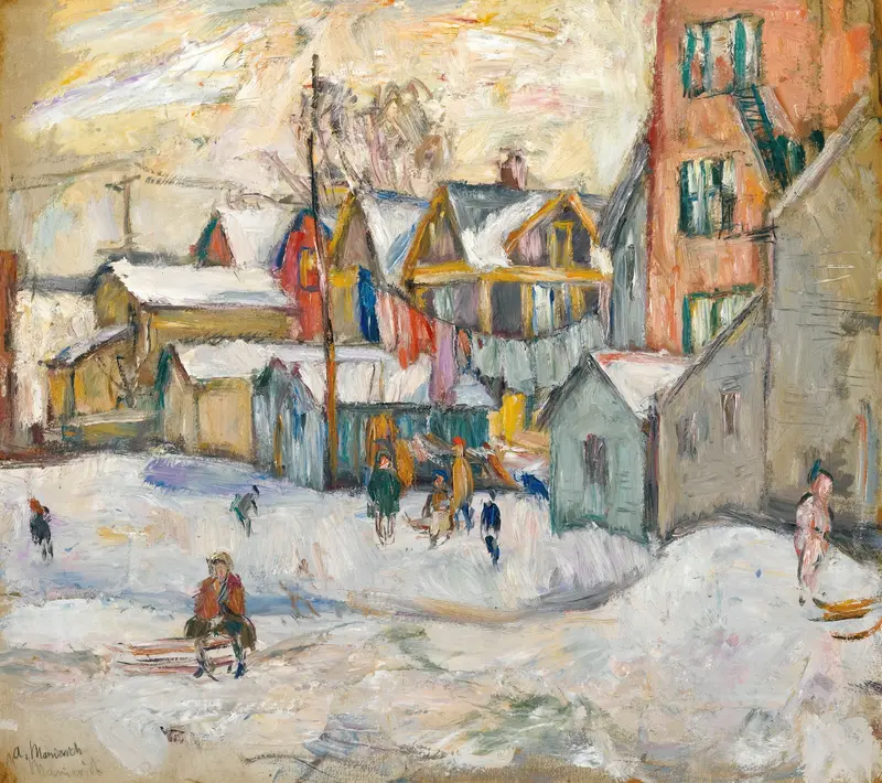 The Bronx by Abraham Manievich, oil on canvas depicting urban life with vibrant colors.