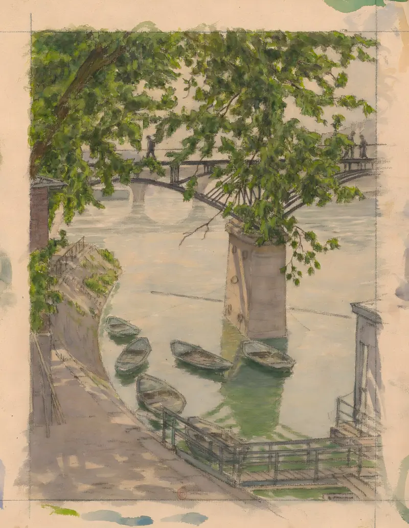 Impressionist oil painting by Henri Rivière depicting the Seine River with urban light and reflections.