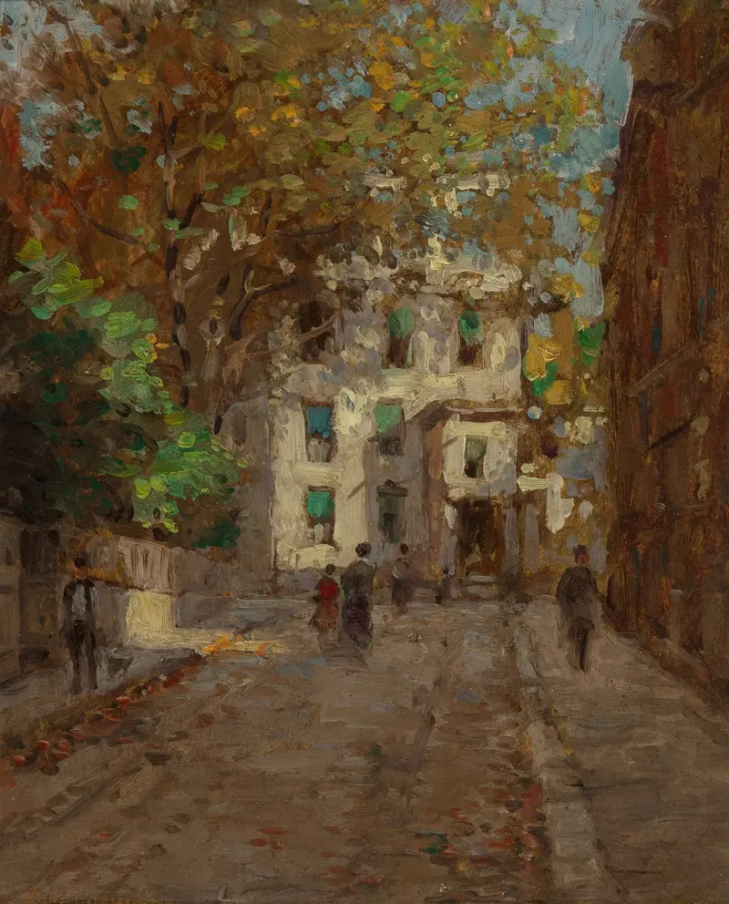Landscape of a village at dawn, oil on canvas by Paul Cornoyer