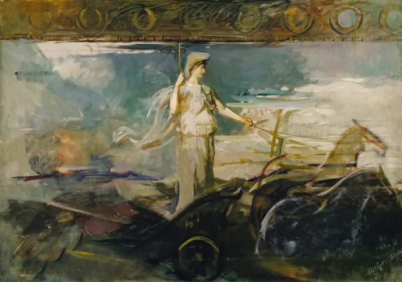 Minerva stands in a chariot, commanding her steeds with a spear, surrounded by energetic brushwork.