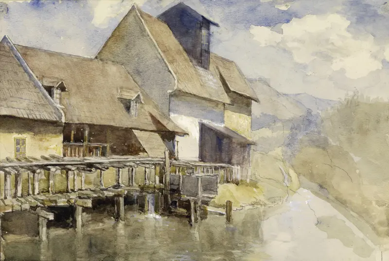 Landscape with a mill surrounded by greenery, oil painting by Marie Egner
